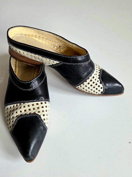 Prophecy Shoes - Prophecy Our Secret Black White Perforated Slip On Mules Genuine Leather Size 40